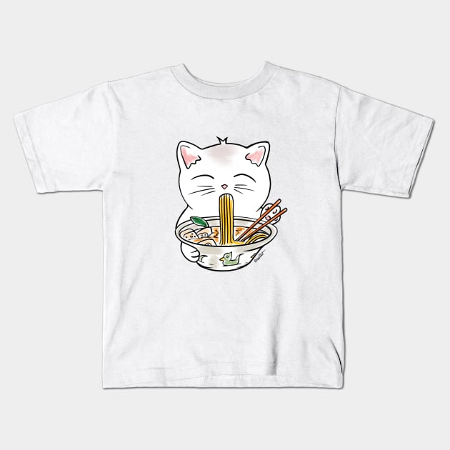 Cat eating a soup Kids T-Shirt by Rain Ant